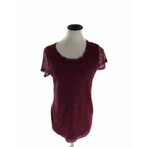 Van Heusen Shirt Women M Short Sleeve Crewneck Front Lace Casual Preppy Pullover